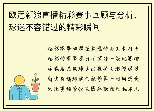 欧冠新浪直播精彩赛事回顾与分析，球迷不容错过的精彩瞬间