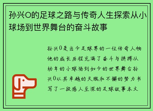 孙兴O的足球之路与传奇人生探索从小球场到世界舞台的奋斗故事