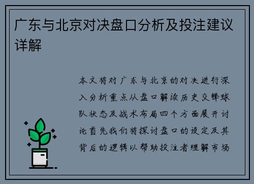 广东与北京对决盘口分析及投注建议详解